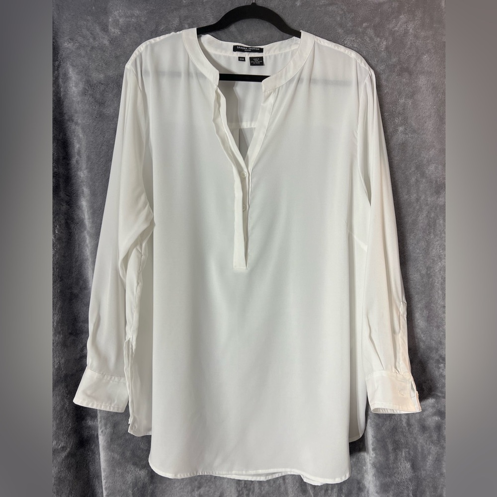 Sandra Ingrish White Relaxed Sheer Mandarin Collar Blouse with Back Pleat 18W